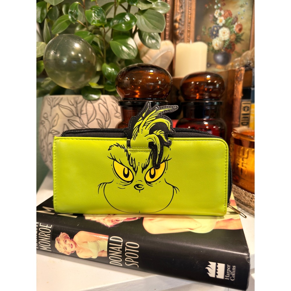 Dr. Seuss The Grinch Lime Green Zip Around Wallet Faux Leather Holiday Accessory